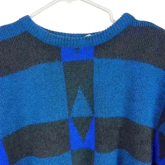 Bronzini Men's Blue Black Geometric‎ Pullover Sweater Size 1X 80s 90s Baggy - Picture 3 of 7
